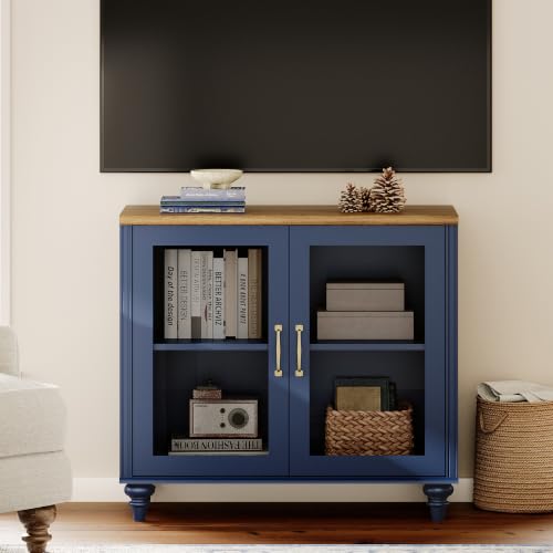 WAMPAT Farmhouse TV Stand for TVs Up to 43 inch, Glass Wood Universal TV Stand with a Large Storage Cabinets, Entertainment Center, TV Console Table for Living Room, Bedroom, Navy Blue - color: Navy Blue-a, size: 1