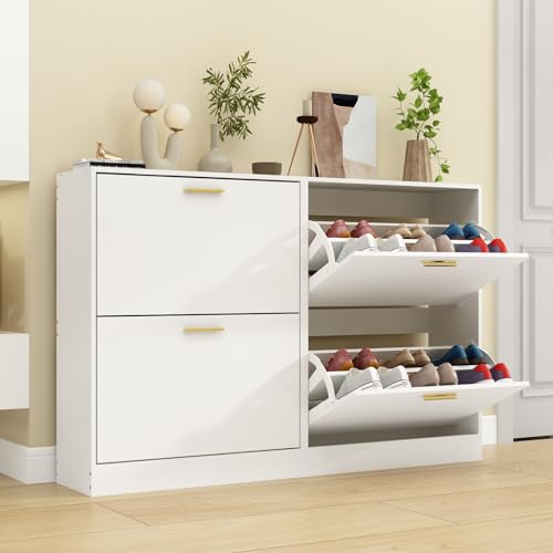 Shoe Cabinet Storage with 2 Flip Drawers and Closed Base, White, 2PCS丨Hidden Shoe Organizer, Freestanding Narrow Shoe Storage Rack for Entryway, Hallway, Entrance - color: 2pc-white, size: 2 Flip Drawers without Shelf