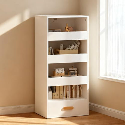 4-Tier Bookshelf with 4 Drawers, Tall Bookcase with 3 Sliding Drawers & Large Bottom Drawer, Engineered Wood Storage Shelf for Home Office, Living Room, Bedroom, Modern White - color: C-white