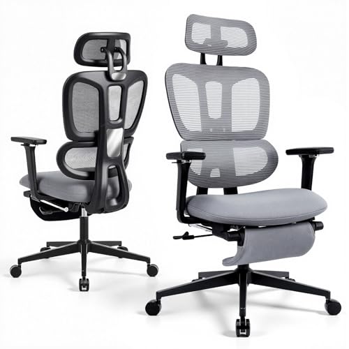 Ergonomic Office Chair with Footrest and Dynamic Lumbar Support, Grey | Reclining high-back computer chair, memory foam seat, 4D armrests, 2D headrest, mesh desk chair for home office, long hours - color: Dark Grey