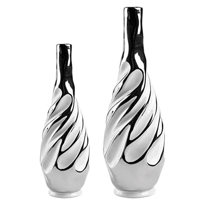 Yundu Ceramic Vase Set of 2, White with Silver, Modern Home Décor, Living Room, Dried Flowers, 14x6x6 inches - color: White With Silver