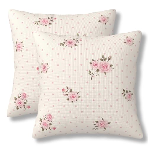 Floral Polka Dot Background Throw Pillow Covers Pink Roses Pillow Cover 18x18 Inch Set of 2 Shabby Chic Rose Flowers Pillowcase Square Cushion Cases for Couch Bed Sofa - color: Pink, size: 18" x 18" (Pack of 2)