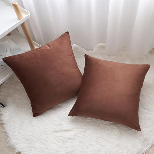 Velvet Decorative Throw Pillow Covers, Soft Square Cushion Case Home Decor for Living Room Couch Bed Sofa, Set of 2 Pack, Brown, 16x16 Inch - color: Brown, size: 16" x 16" (Pack of 2)