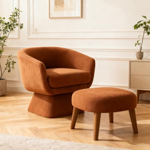 Swivel Barrel Chair and Ottoman Set, 360 Degree Club Chair, Comfy Boucle Armchair and Footstool, Upholstered Accent Sofa Chair w/Footrest for Living Room Bedroom Reception Room, Orange - color: Orange, size: Swivel chair