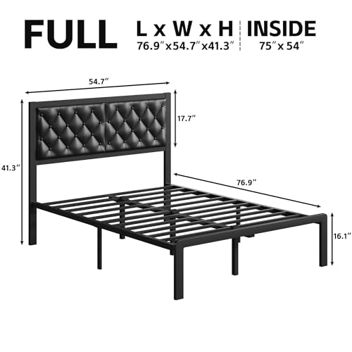 Fluest Full Bed Frame with Headboard PU Leather Upholstered Bed Frame Platform,All Metal Slats Support Platform Bed Frame with Storage Space,Easy Assembly,Noise Free,No Box Spring Needed,Black - color: Black, size: Full