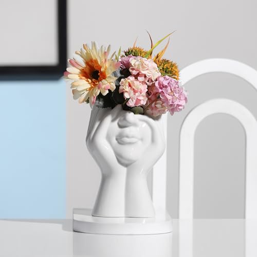 BrownLove Ceramic Face Vase White Flower Vase for Decor Female Form Face Vase Art Vase Modern Decorative Vase Centerpiece for Table Shelf Living Room Office Bedroom - style: Face Vase - Hands Over Face