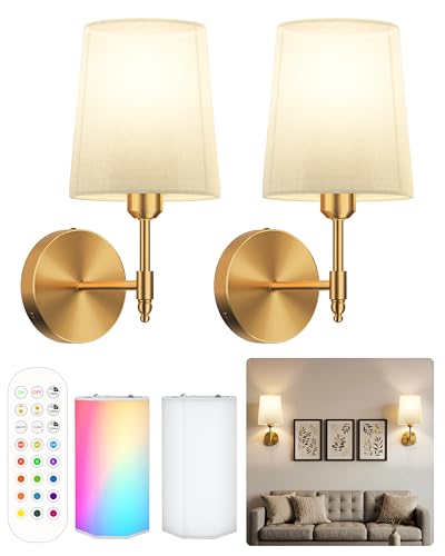 Battery Operated Wall Sconces Set of 2, Wireless Rechargeable Dimmable Wall Light with 15000mAh RGB Bulb and Remote for Bedroom, Living Room, Hallway, Gold, 13.4in | Wireless Rechargeable 3 Color Temperature Dimmable Magnetic Bulb Wall Light for Bedroom,