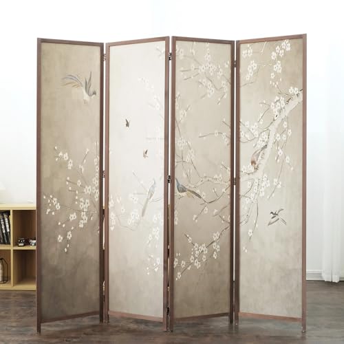 4 Panel Room Divider, 5.6 ft Tall Double-Sided Blackout Folding Privacy Screen – Freestanding Wall Partition with Plums and Birds Scenery for Home Office, Easy Setup (67" H x 63" W) - color: Plums and Birds, size: 4 Panel