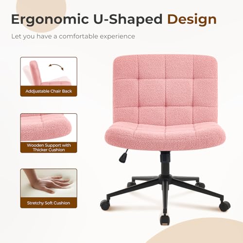 Furnimart Swivel Criss Cross Legged Chair with Wheels for Home Office, Wide Armless Desk Chair Height Adjustable Comfy Seat for Desk,Vanity, Bedroom, Faux Fur Pink - color: Faux Fur-pink