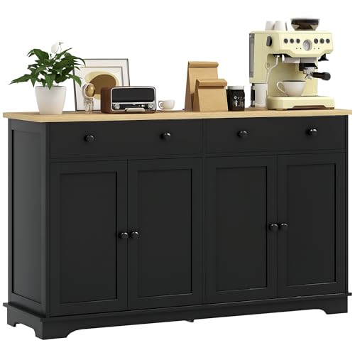 HOMCOM Sideboard Buffet Cabinet Solid Wood Countertop 55" Black | Modern Kitchen Storage, Coffee Bar Cabinet, 4 Drawers, 2 Doors, 2 Adjustable Shelf - color: Black, size: 55.1" x 15.7" x 33.5"