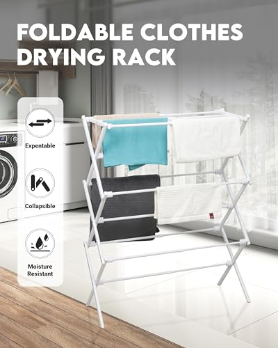 3-Tier Metal Folding Clothes Drying Rack, Laundry Drying Rack Clothing | Collapsible Dryer Racks for Laundry | Indoor & Outdoor, White - color: White