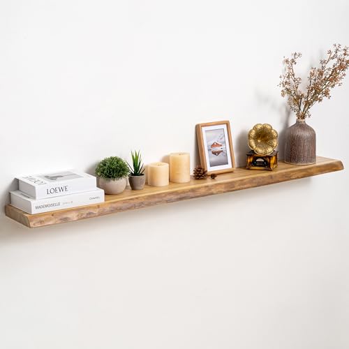 Fun Memories Floating Shelves for Wall, Solid Elm Wood Live Edge Floating Shelf, 55 x 8 Inch Rustic Wall Shelf with Invisible Brackets for Living Room Bedroom Kitchen, Natural - color: Natural Finish, size: 55", Single