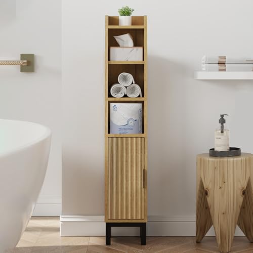 FerniTry Narrow Bathroom Storage Cabinet, Corner Toilet Paper Floor Cabinet 5 Tiers with Door and Shelves,Bathroom Organizer with Adjustable Shelf, for Small Spaces (Oak) - color: Oak, size: 5-Tier