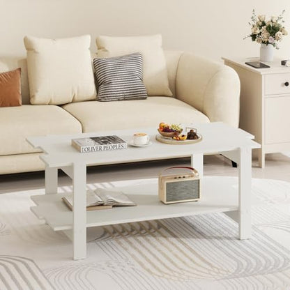 Giantex Coffee Table with Storage, 45 Inch Modern Center Table with Slatted Design & Side Rail Support, Rectangular Living Room Table for Small Spaces, White - color: White