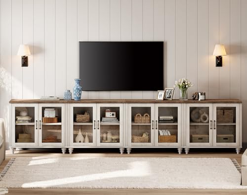 WAMPAT Farmhouse TV Stand for 100 Inch TV, Glass Door Universal TV Stand with 4 Storage Cabinets, Entertainment Center for 75/80/85/90 Inch TV, Console Table for Living Room, Bedroom, Rustic White - color: Rustic White-a, size: 4
