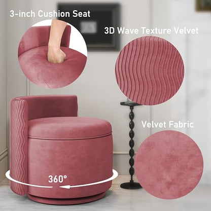allamazing 360° Swivel Accent Chair with Storage, Vanity Stool with Back, Velvet Storage Ottoman, Upholstered Round Barrel Vanity Chair for Living Room, Makeup Room, Bedroom (Dusty Rose) - color: Dusty Rose