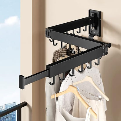 Wall Mounted Collapsible Clothes Drying Rack, Space-Saving Laundry Drying Rack Clothing Hanger, Durable Foldable Design Extends Left, Right & Up for Upgraded Versatility - style: Upgrde-Black Hooks