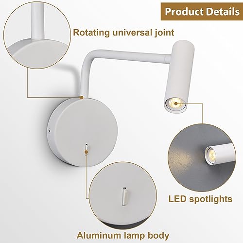 ZEROUNO Wall Mounted Reading Light for Bedroom Hardwired Sconce with Switch on/Off Modern 3000K Bedside Swing Arm Wall Lamp (White) - color: White