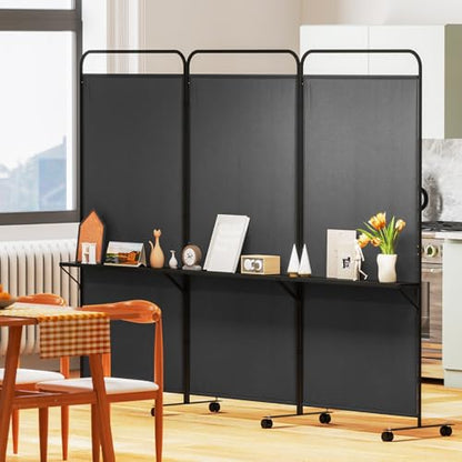 Giantex 3 Panel Room Divider with Wheels and Shelves, 103" W x 74" H Folding Privacy Screen, Rolling Partition Separator for Home Office Studio, Fabric Wall Divider for Room Separation (Black) - color: Black