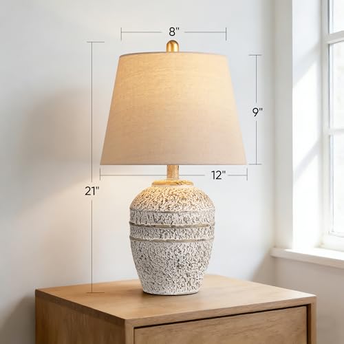 Farmhouse Ceramic Table Lamp, Natural Distressed Earth Tone Finish, Grey | Modern Bedside Lamp with Linen Shade, Rustic Table Lamp for Living Room, Bedroom Nightstands Dining Office