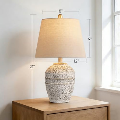 Farmhouse Ceramic Table Lamp, Natural Distressed Earth Tone Finish, Grey | Modern Bedside Lamp with Linen Shade, Rustic Table Lamp for Living Room, Bedroom Nightstands Dining Office