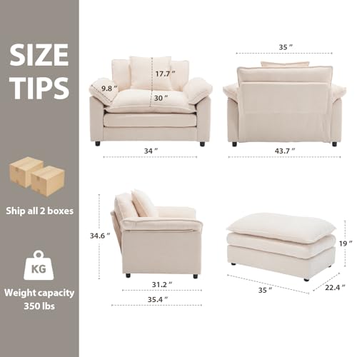 Oversized Chair Set of 2, Comfy Accent Chair Large Upholstered Armchair with Extra Thick and Deep Seat Lounge Sofa for Living Room,Bedroom,Apartment, Beige - color: Beige, size: 2