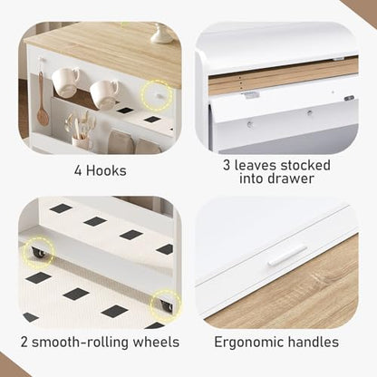 Wood Buffet Cabinet with Folding Dining Table, Craft Cabinet with Fold Out Table and Storage Shelf, Hooks, Multifunctional Cupboard for Small Places,Studio, Apartment (White+Natural) - color: White+natural