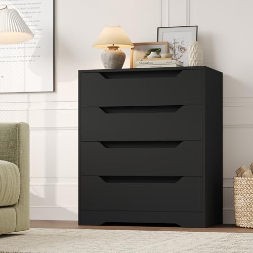 HOSTACK Modern 4 Drawers Dresser, Wood Chest of Drawers with Storage, Black | Black Dresser with Cut-Out Handles, Small Dresser, 4 Drawers Chest, Tall Storage Dresser for Living Room, Apartment, Renter - color: Black