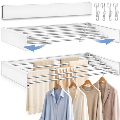 32'' Wall Mounted Clothes Drying Rack, Foldable & Collapsible Wall Mount Laundry Rack w/ 5 Thickened Rods & 4 Hooks, Space Saver Hanging Drying Rack Clothing for Laundry Room Bathroom Indoor