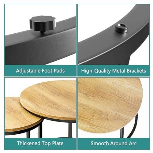 Smuxee Nesting Coffee Table Set of 2, 23.6" Round Coffee Table Brown Wood with Adjustable Non-Slip Feet, Industrial End Table Side Tables for Living Room Bedroom Balcony Yard - color: Brown, size: 23.6"W