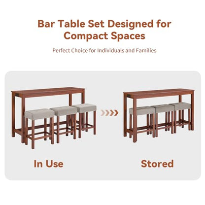 59" Dining Bar Table Set with Power Outlet, Behind Couch Sofa Table with 3 Padded Stools, 4 Piece Bar Table and Chairs Set for Living Room, Dining Room, Cherry - color: R3-cherry
