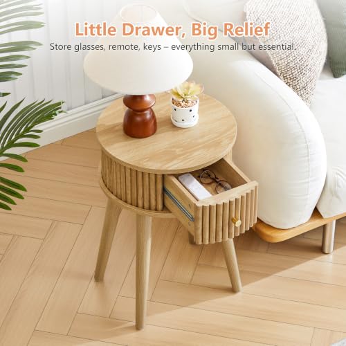 Round Fluted Side Table Set of 2, Small End Table with Fluted Drawer, Mid-Century Modern Wooden Bedside Table Round Nightstand Small Sofa Side Table for Living Room(Natural) - color: Natural, size: 15.7"D x 15.7"W x 23.6"H