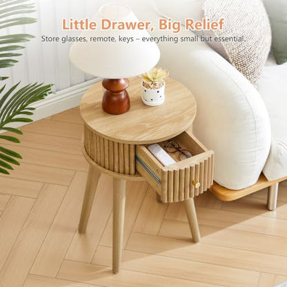 Round Fluted Side Table Set of 2, Small End Table with Fluted Drawer, Mid-Century Modern Wooden Bedside Table Round Nightstand Small Sofa Side Table for Living Room(Natural) - color: Natural, size: 15.7"D x 15.7"W x 23.6"H