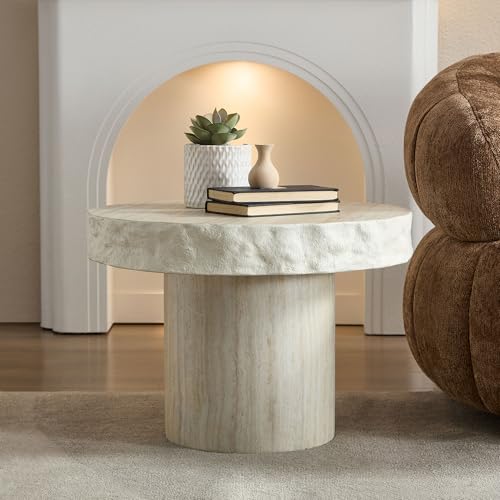 Round Nesting Coffee Table with Faux Mars Pattern for Living Room, Modern Fiberglass Circle Travertine Center Table with Base, Faux Stone Tea Table, No Need Assembly, 31.7"+23.8" (Beige) - color: G-31.69"+23.82" Beige