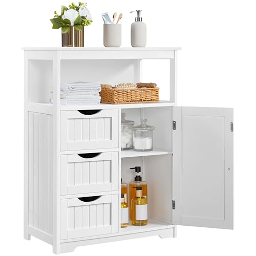 Yaheetech Large Freestanding Bathroom Storage Cabinet with 3 Drawers, White | Wooden Floor Cabinet Organizer for Towels, Linens and Cleaning Supplies, Beadboard Fronts, Open Cubby, Adjustable MDF Shelf - color: White, size: 14"D x 26"W x 35.5"H