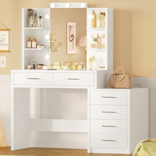 Quimoo 43.3" W Vanity Desk with Mirror and 9 LED Lights, Makeup Vanity with 6 Drawers, 6 Open Shelves, White Vanity for Women Girls, 43.3" W x 13.8" D x 54.3" - color: White 6 Drawers