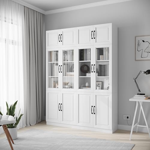 Bobve 86.6" H Extra Tall Narrow Storage Cabinet, Tall Bathroom Cabinet with Glass Door and Shelves, 5-Tier Free-Standing Cube for Bathroom, Living Room, Kitchen, Big Compartment - size: 31.5"W