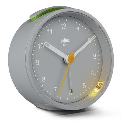 Braun Classic Analogue Alarm Clock with Snooze and Light, Quiet Quartz Movement, Crescendo Beep Alarm in Grey, Model BC12G. - color: Gray, size: 75 x 75 x 35 mm
