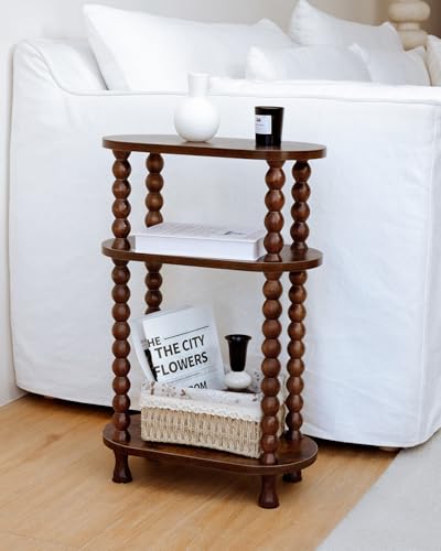 3-Tier Narrow Side Table, Slim End Table for Small Spaces | Skinny wooden side table with shelf storage. Ideal as living room accent or bedroom nightstand.Easy assembly, space-saving - color: Walnut