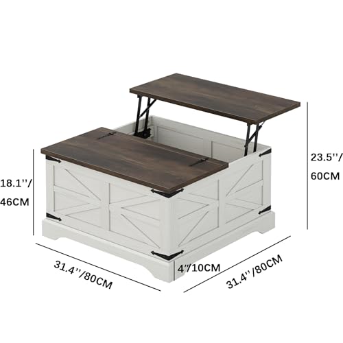 Farmhouse Lift Top Coffee Table, Square Wood Center Table with Large Hidden Storage Compartment for Living Room, Rustic Cocktail White Modern Table with Hinged Lift Top, Brown Top - color: Brown Top, size: 31.5''W