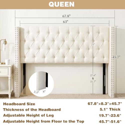 Queen Size Linen Upholstered Headboard, for the Bedroom Beige | Adjustable-Height Tufted Channel Design Padded Head Board Wingback with Nailhead Trim Luxury Bed Headboard - color: Beige, size: Queen (U.S. Standard)