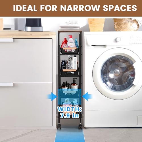 Slim Storage Cart, 5-Tier Narrow Rolling Kitchen Laundry Room Cart with Drawer and Wheels, Metal Utility Cart Slide Out Organizer for Small Spaces (Black) - style: 5 Tiers-Black