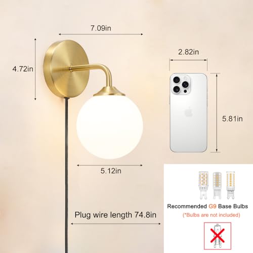 Gold Plug in Wall Sconce Set of 2, Wall Light Fixture with Plug in Cord On/Off Switch, Mid Century Art Deco Wall Lighting Fixture with Milky White Globe Glass Lampshade for Bedroom Living Room Hallway - color: Gold+White