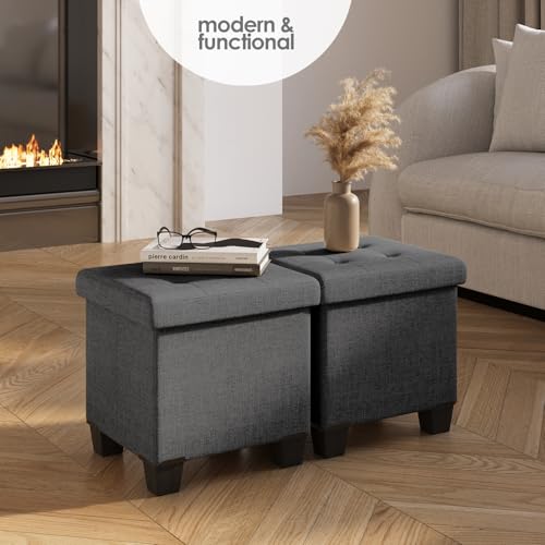 Storage Ottoman Cube with Small Bin, 15-in Square Ottoman with Storage for Living Room and Bedroom, Small Ottomans Foot Rest, Fabric Foot Stools Ottomans Max 330lbs, Grey - color: 02 - Grey