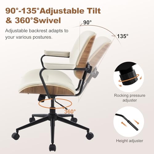Mid Century Modern Office Chair with Armrest and Adjustable Backrest, Beige | Wooden frame with armrests & adjustable backrest, swivel & height-adjustable, PU leather seat for home office comfort - color: Beige