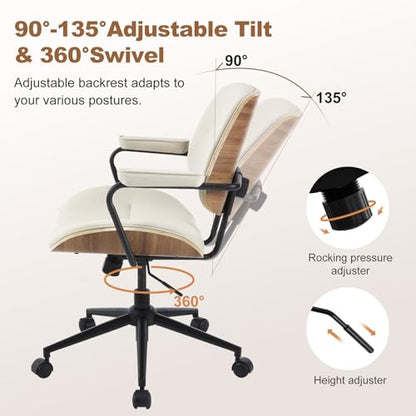 Mid Century Modern Office Chair with Armrest and Adjustable Backrest, Beige | Wooden frame with armrests & adjustable backrest, swivel & height-adjustable, PU leather seat for home office comfort - color: Beige