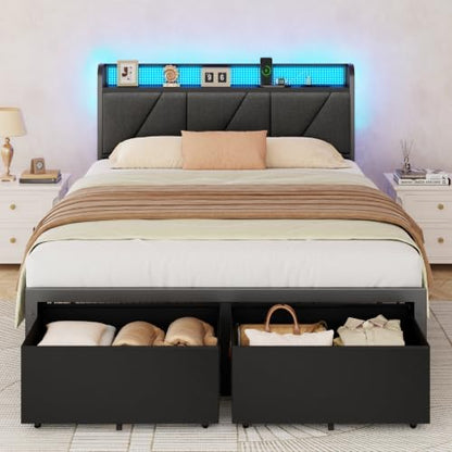 Full Size Bed Frame with 2 Storage Drawers & Upholstered Headboard | Metal Platform Bed with Storage Shelf, Charging Station, LED Lights and Heavy-Duty slats, No Spring Box Needed, Noise-Free - size: Full, style: Bed Frame with Drawer