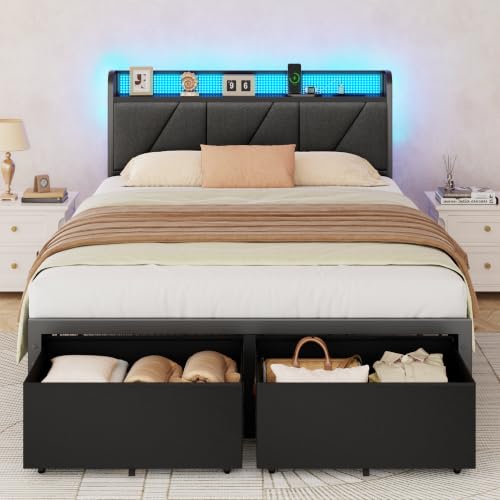 Full Size Bed Frame with 2 Storage Drawers & Upholstered Headboard | Metal Platform Bed with Storage Shelf, Charging Station, LED Lights and Heavy-Duty slats, No Spring Box Needed, Noise-Free - size: Full, style: Bed Frame with Drawer
