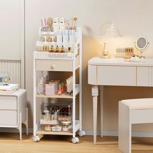 Plaviya Bathroom Storage and Organizer with Drawer, Makeup Cart 13in | Rolling Makeup Storage Cart for Bedroom, Skincare Vanity Display Riser for Cosmetics, Perfume, Laundry, Small Space, Metal - color: Matte White