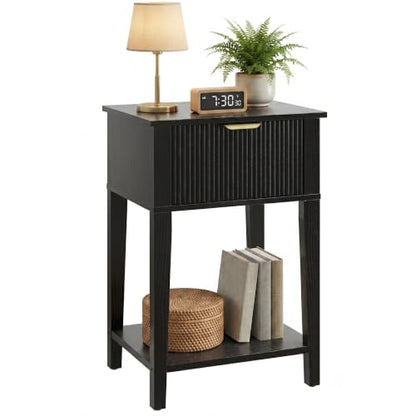 FuniXpress Black 15" Wide Small Nightstand with Drawer, Shelf, Fluted Front | Black wood-grain finish, fluted drawer with gold handle accent, 11.8-inch slim depth, compact storage for small spaces - color: Black